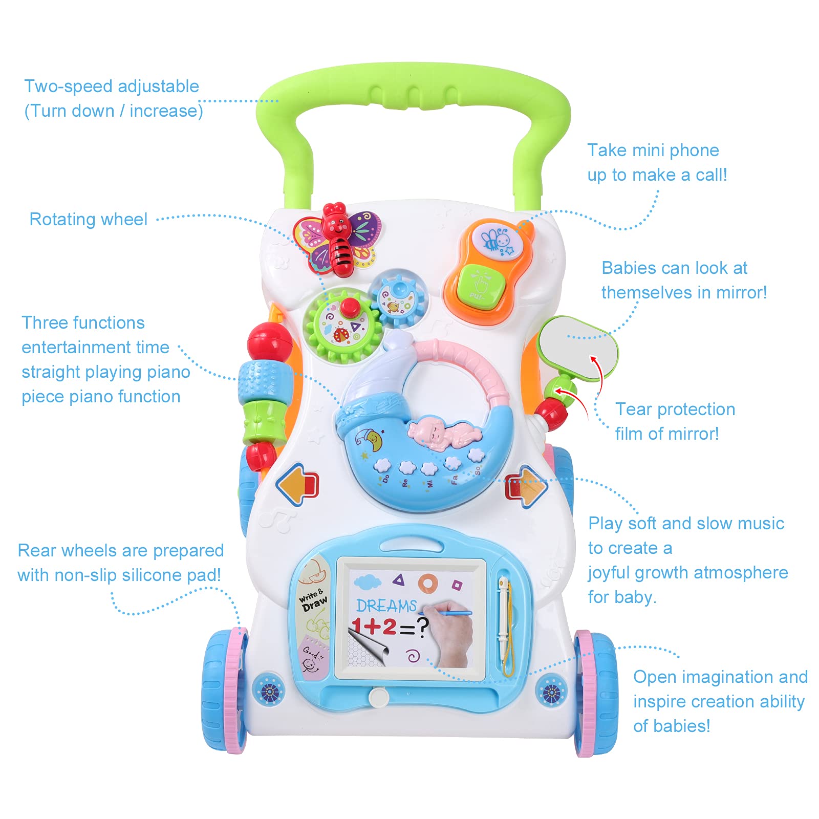 Cuterabit walker rotating wheel aids movement and exploration during push walks.