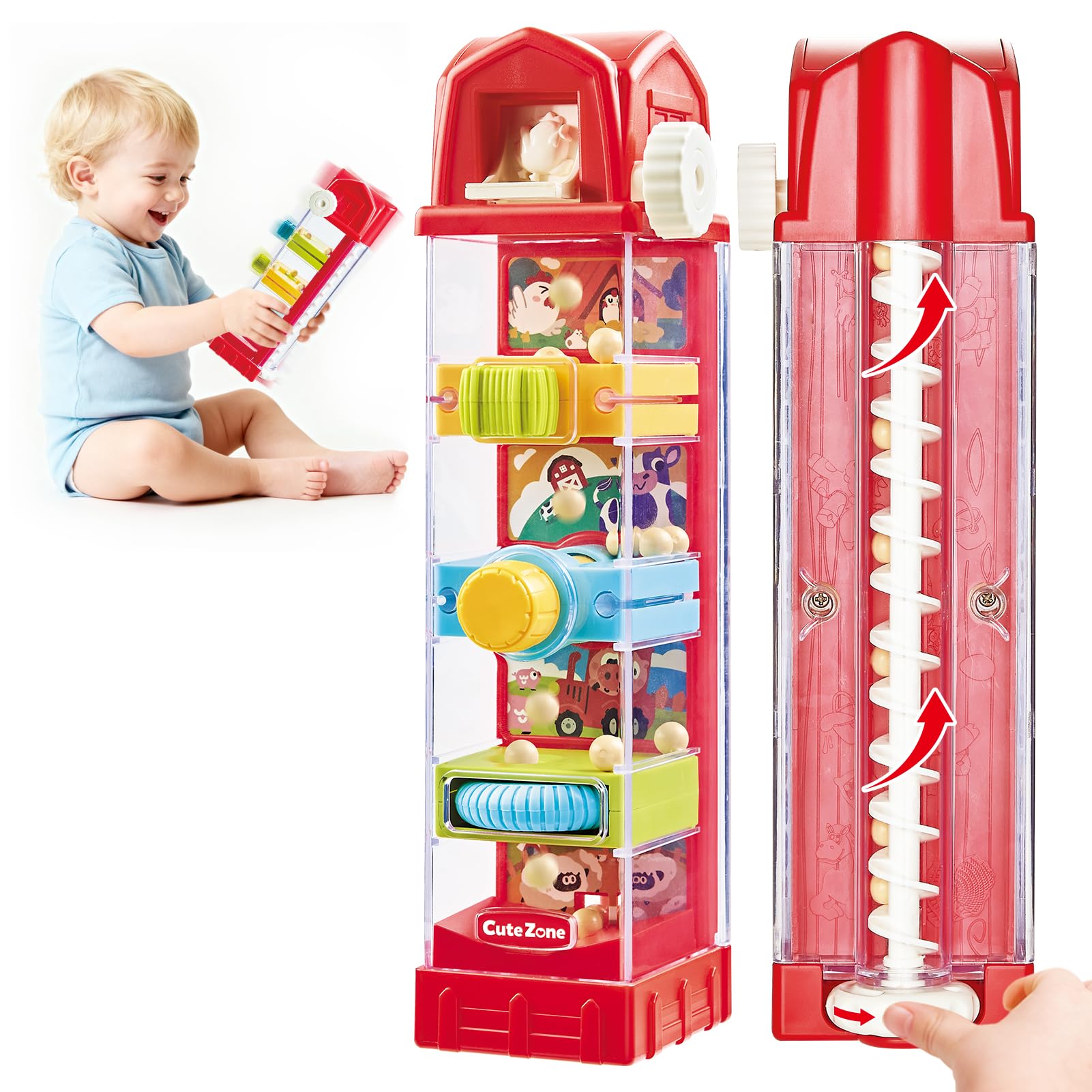 CuteZone farm egg drop toy demonstrates 5-in-1 actions for little hands.