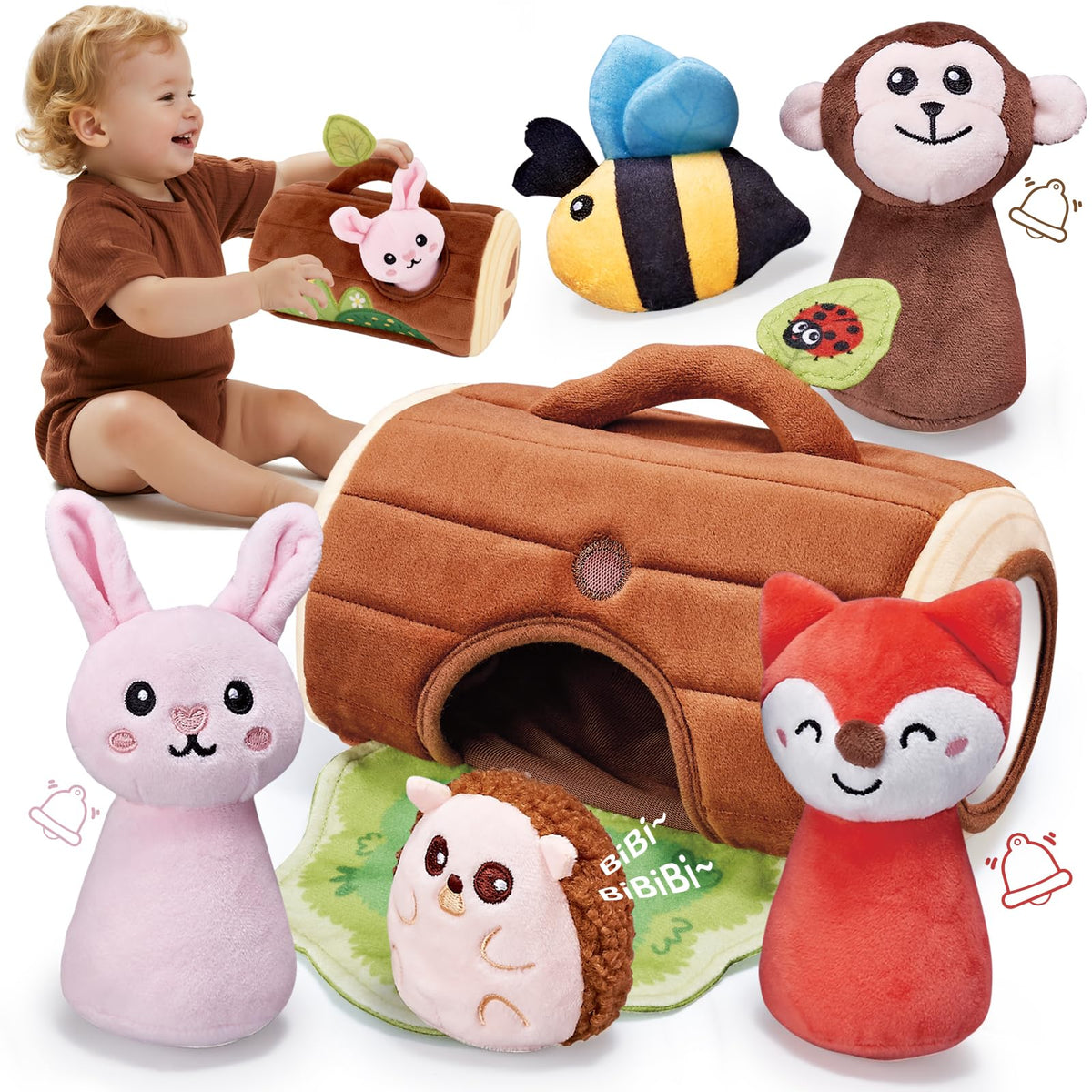 CuteZone jungle plush set with tree stump invites safe tactile exploration on the go.