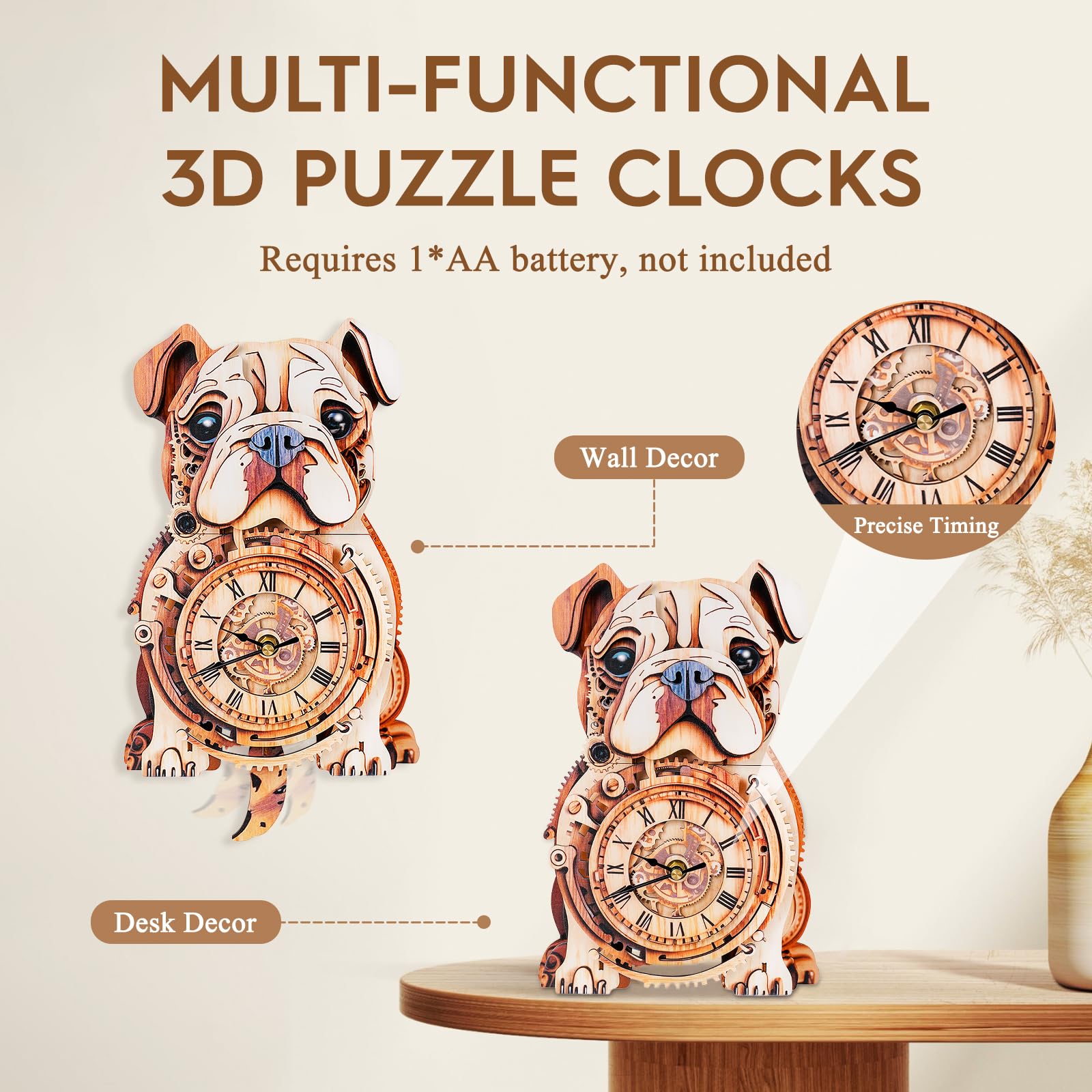 Cutywood Bulldog clock wall-mount ready for display in living rooms.