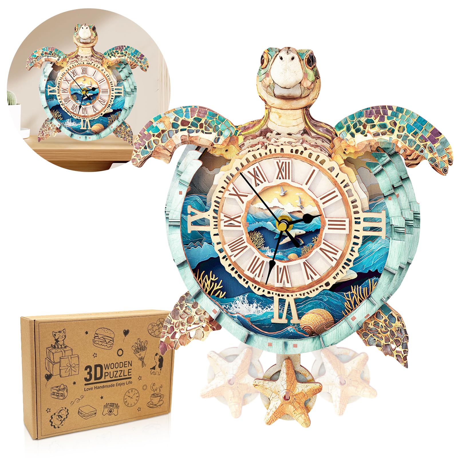 Cutywood clock-turtle-3d-puzzle with turtle motif for desk decor