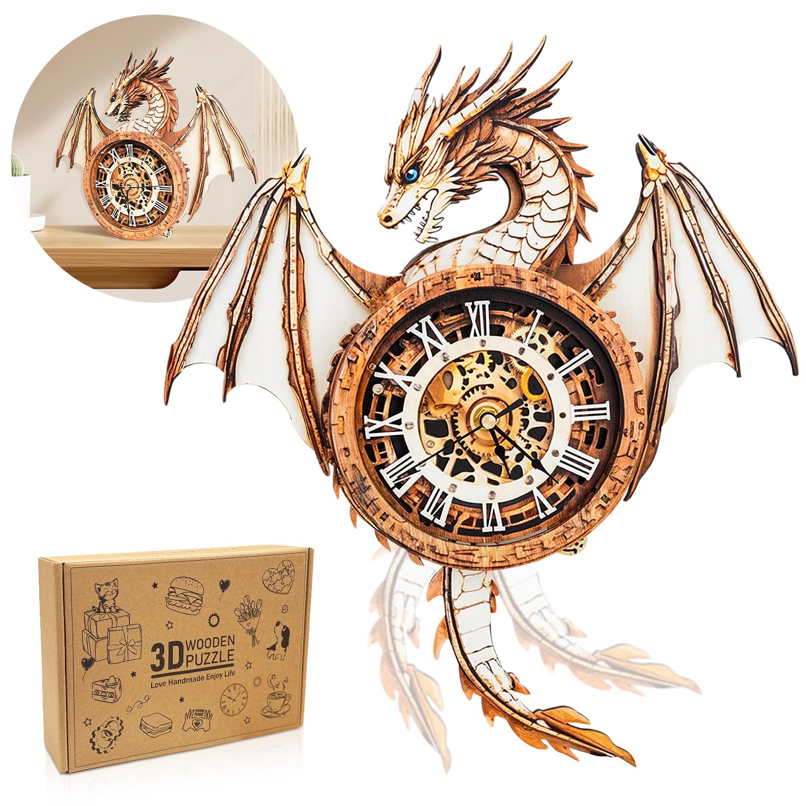 Cutywood dragon clock assembly: a challenging 3D puzzle that becomes a functional timepiece.