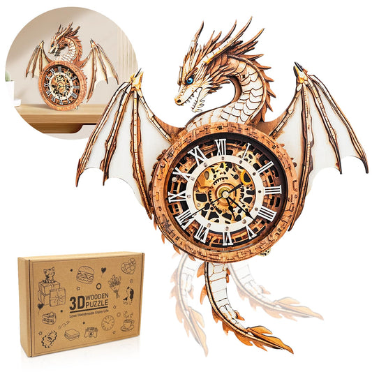 Cutywood dragon clock assembly: a challenging 3D puzzle that becomes a functional timepiece.