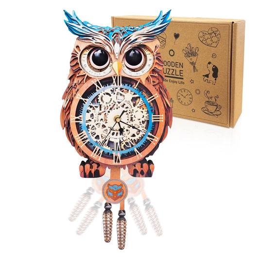 Cutywood owl clock 3D puzzle enhances wall decor.