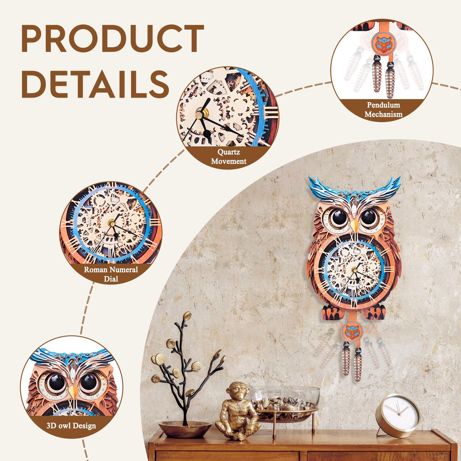 Cutywood pendulum mechanism provides functional motion and charm.