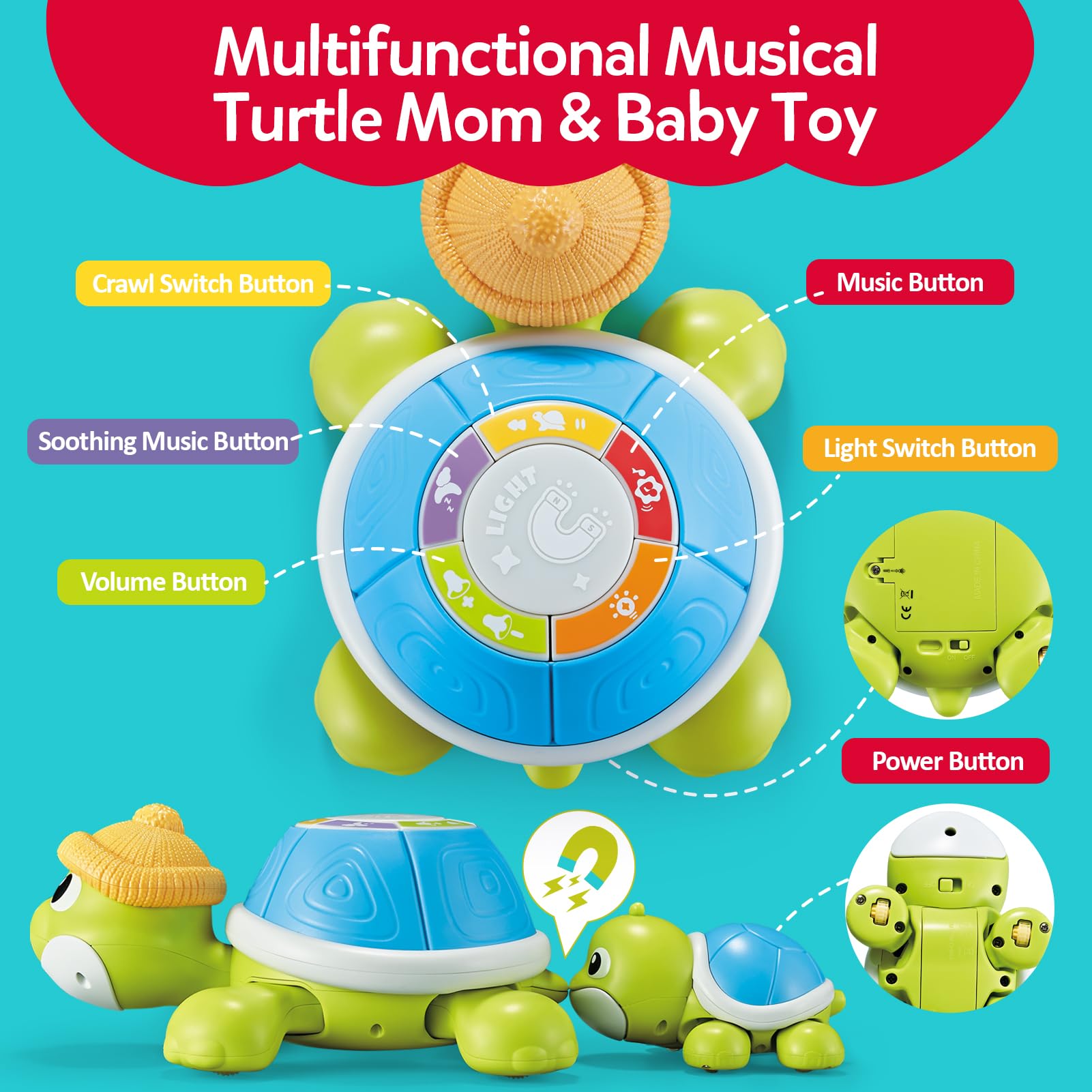 CuteZone turtle mama go-button action encourages crawling and curiosity during tummy time