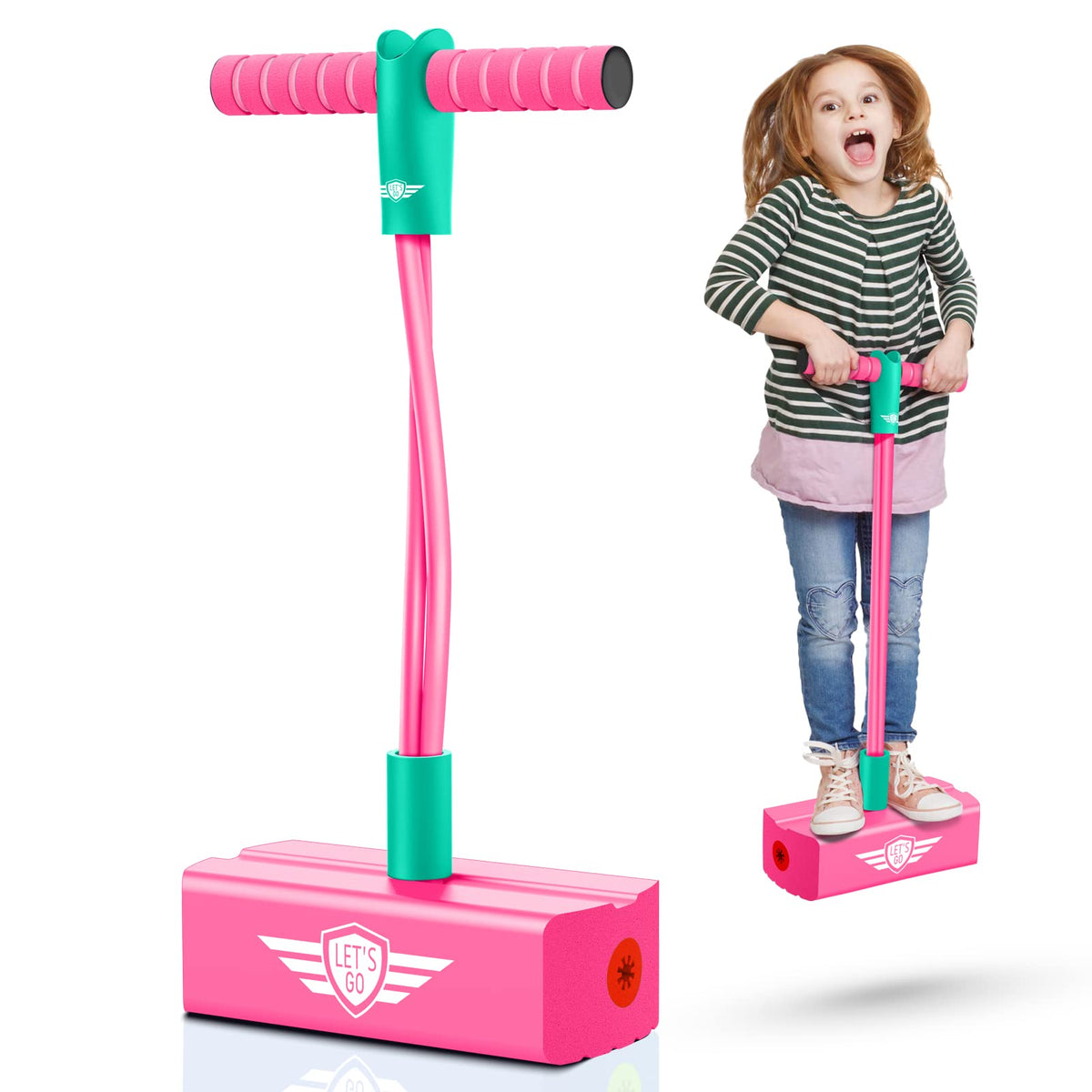 CUUGO LET'S GO! CG pogo-stick rose-red assembly shows sturdy base for kids