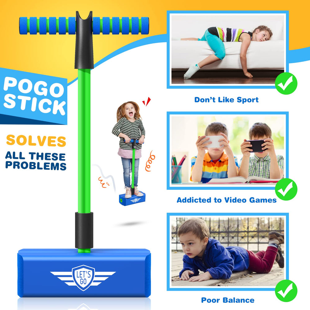 CUUGO LET'S GO! CG foam pogo jumper in-use shows active family play.