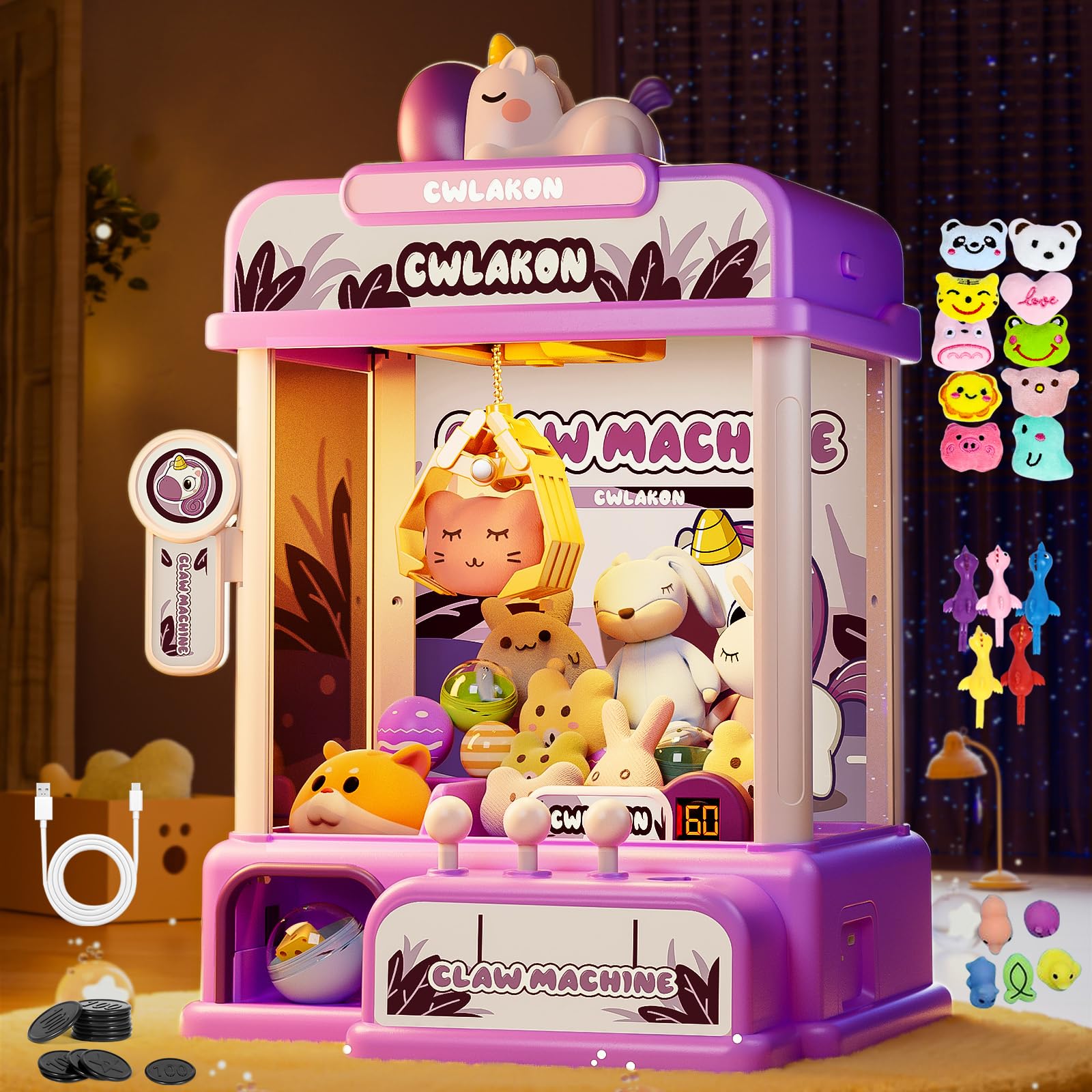 CWLAKON claw machine with unicorn plush toys, ideal for home arcade play
