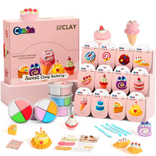 CyAJM cake-themed air dry clay kit box open showcasing vibrant colors for kids.