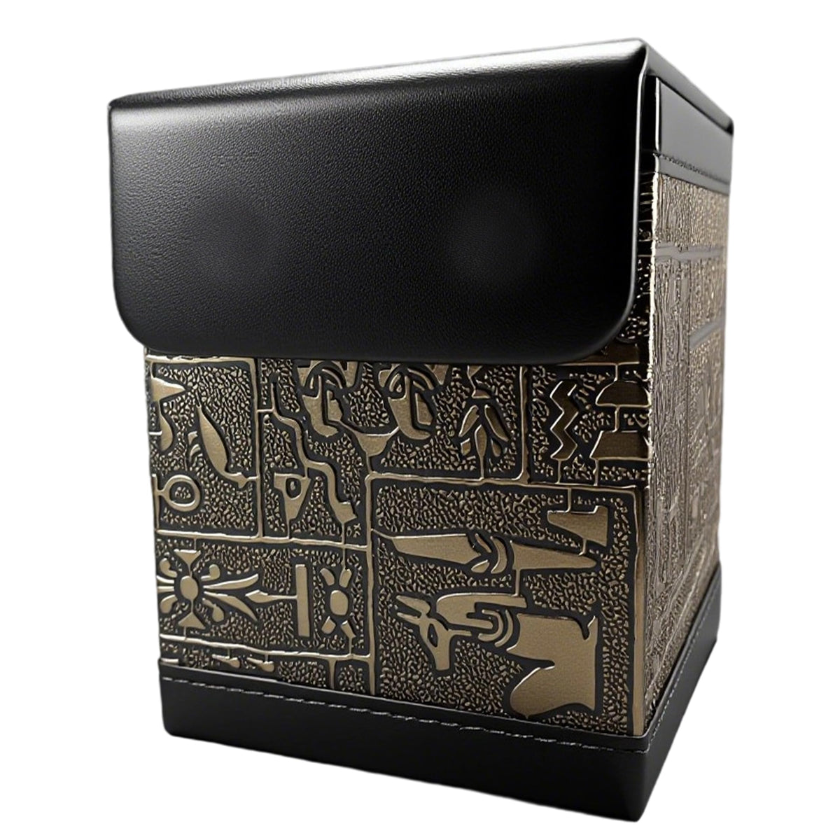 Cylvenor ancient Egyptian embossed deck box front view for secure storage of cards.