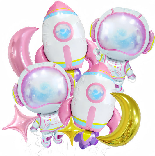 CYMYLAR rocket balloons in pink and purple create a vibrant party centerpiece.