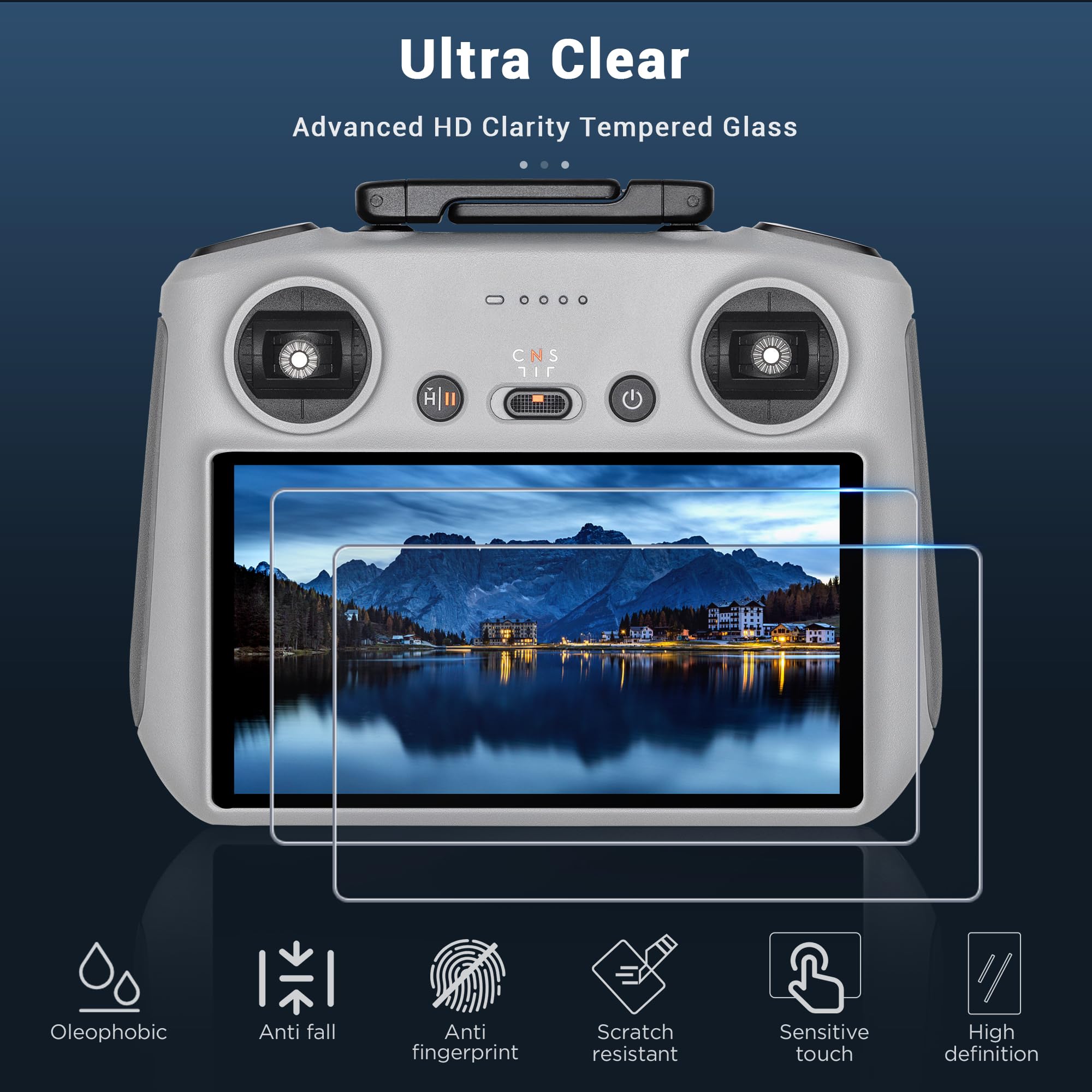 CYNOVA DJI RC2 screen protector with 2.5D arc corners guards edges from chips