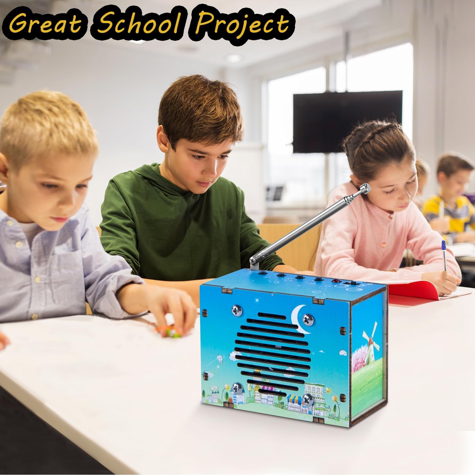 Young learner uses the CYOEST radio kit at a tidy desk setup