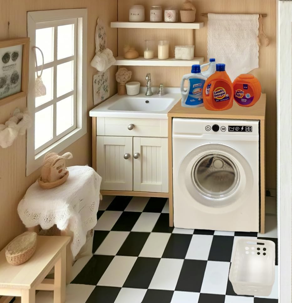 Cyraft 1:12 scale washing machine side view shows compact footprint in dollhouse.