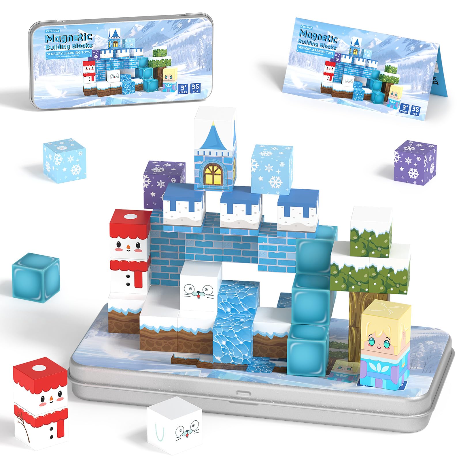 CZCUUDZ 35-piece travel magnetic tiles in a compact box for on-the-go creativity