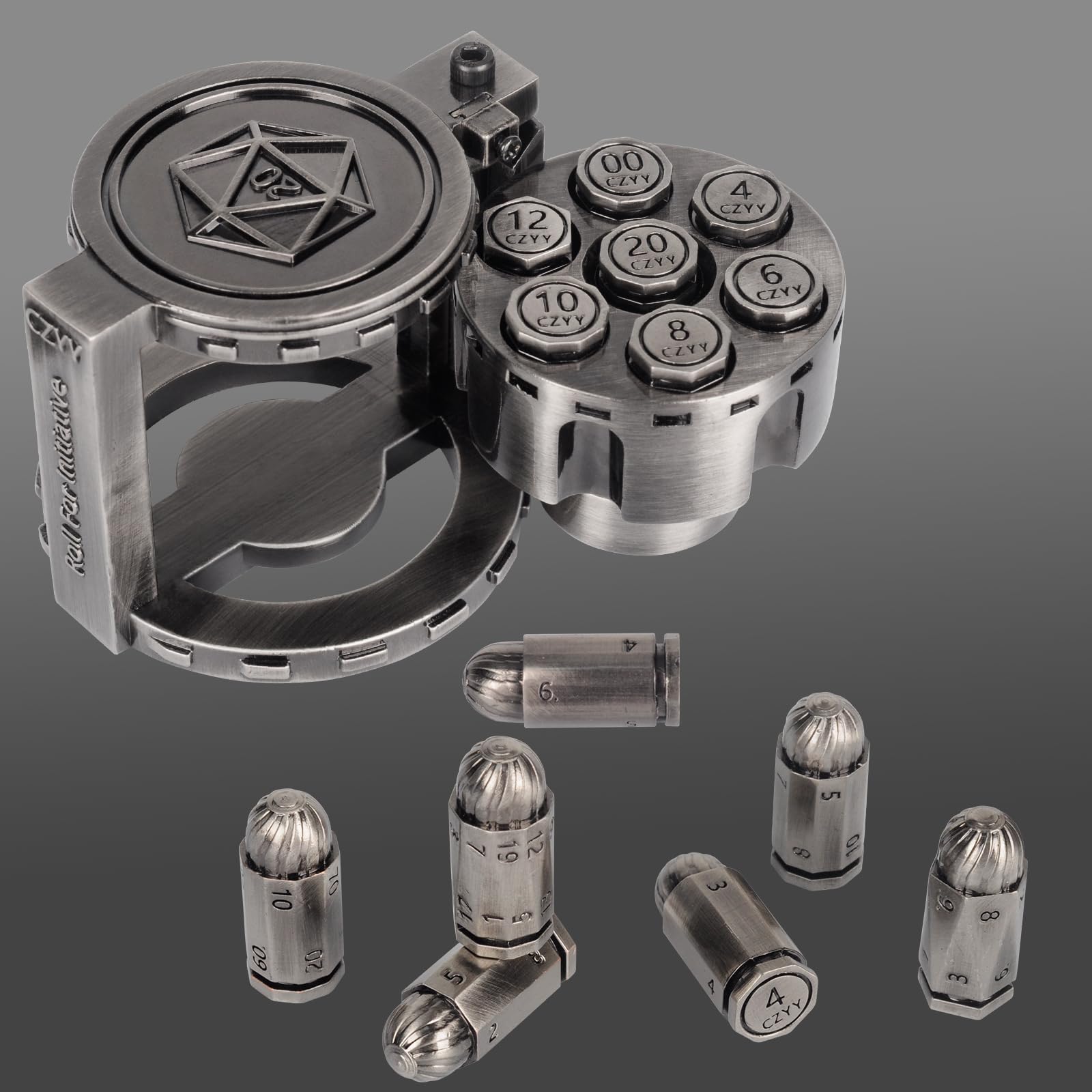 CZYY bullet dice set with D20 in silver for immersive cyberpunk campaigns.