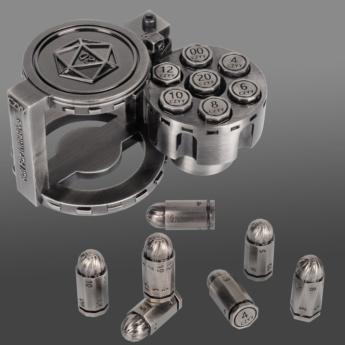 CZYY bullet dice set with D20 in silver for immersive cyberpunk campaigns.