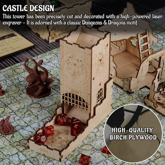 CZYY Castle Dice Tower front view shows dragon carving and dungeon motif for RPG setups.