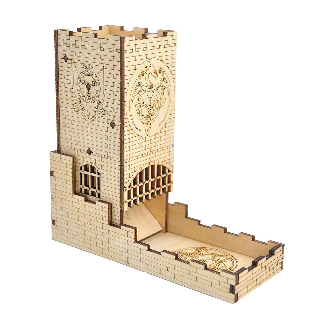 CZYY Castle Dice Tower with laser-cut dragon detail enhances tabletop ambiance.