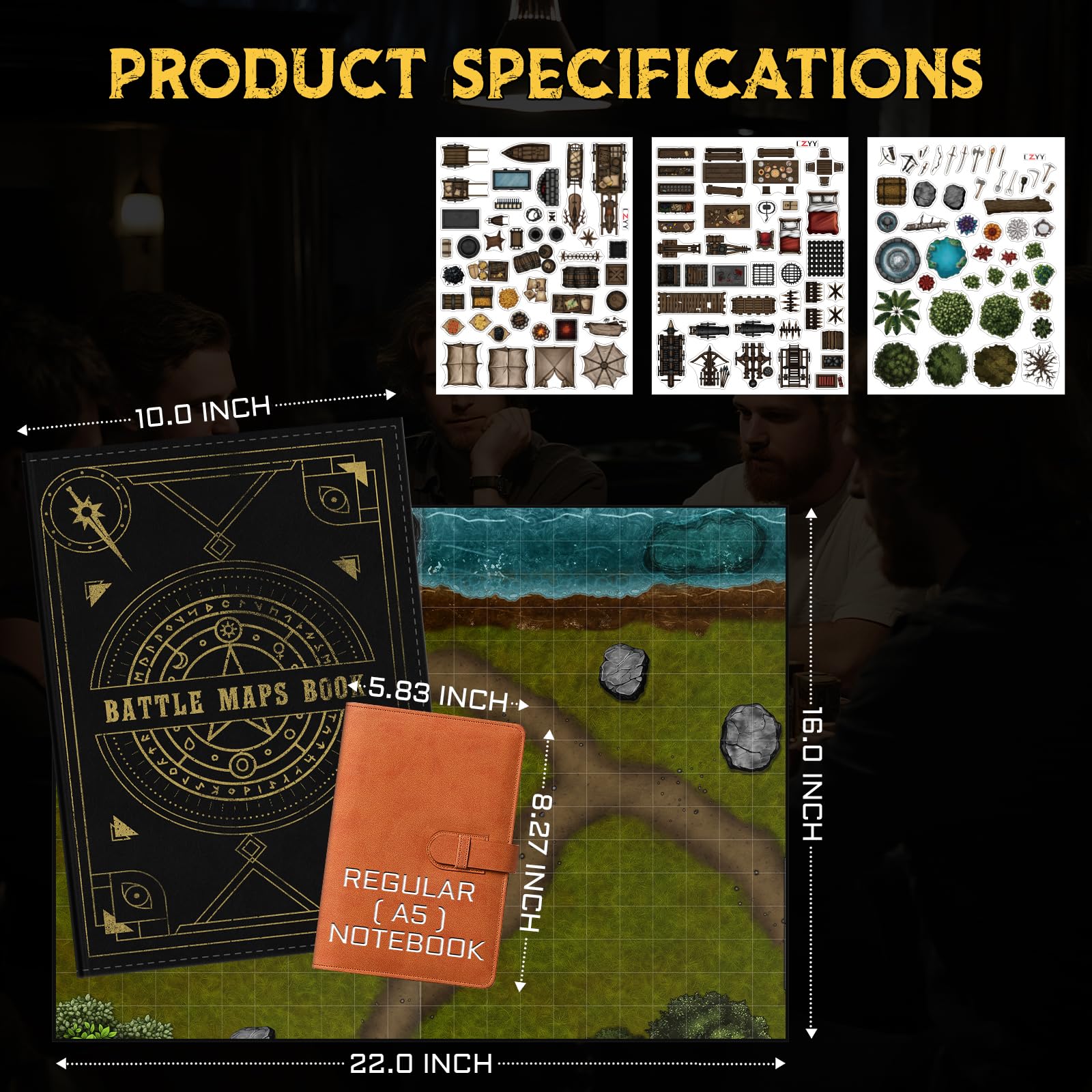 CZYY DND Battle Map Book includes 100+ decals for quick obstacle and loot placement