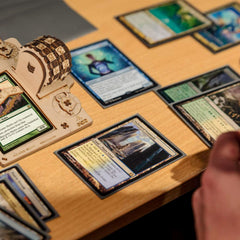 CZYY wood finish EDH tray complements cards and dice during play.