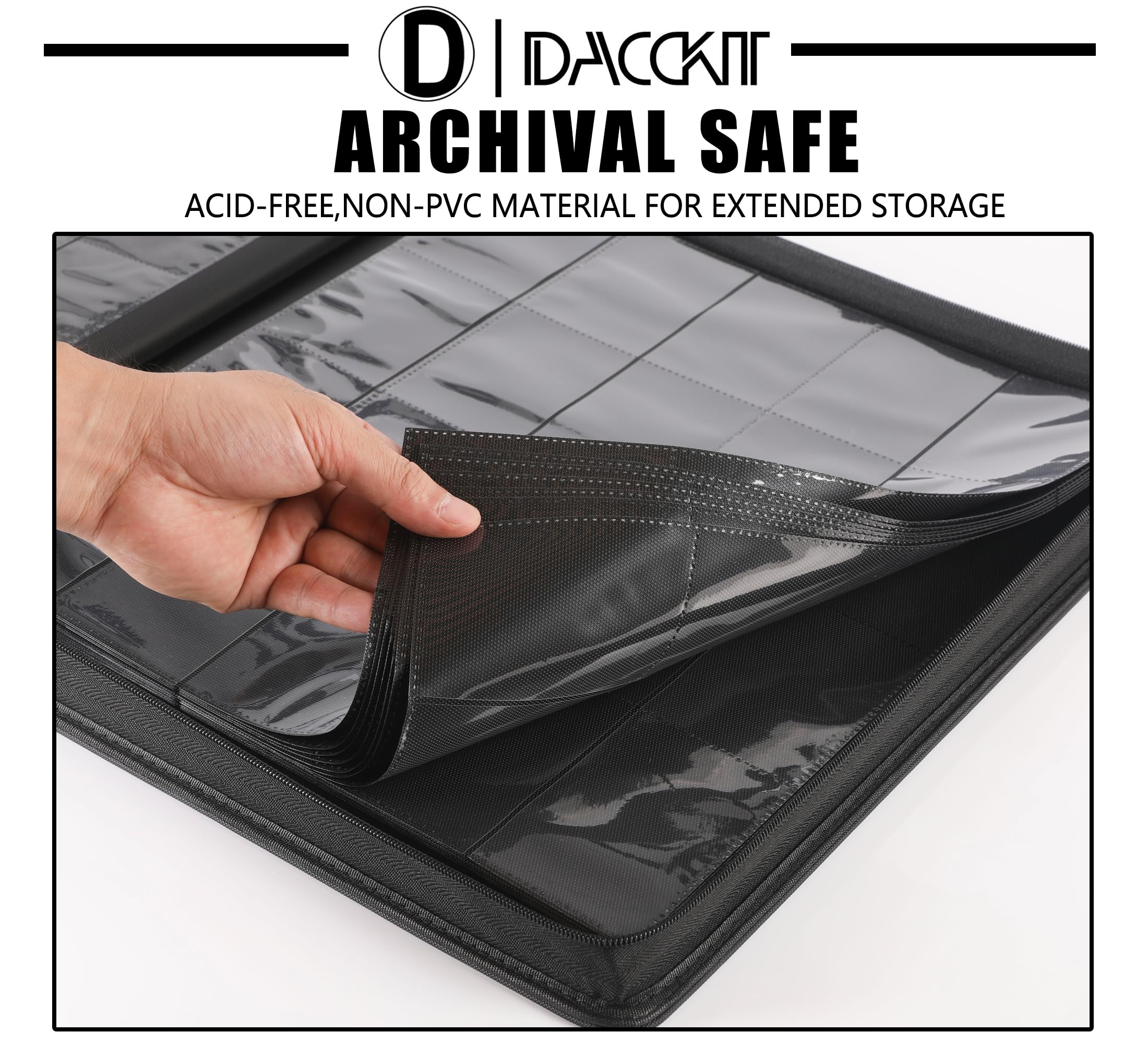 D DACCKIT Premium binder open pages showing space for sleeved and unsleeved cards.