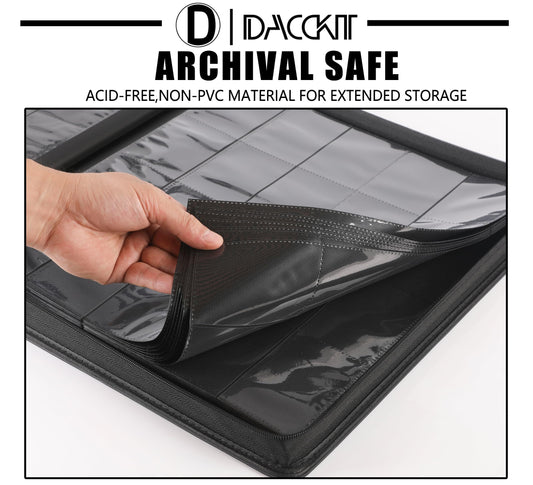 D DACCKIT Premium binder open pages showing space for sleeved and unsleeved cards.