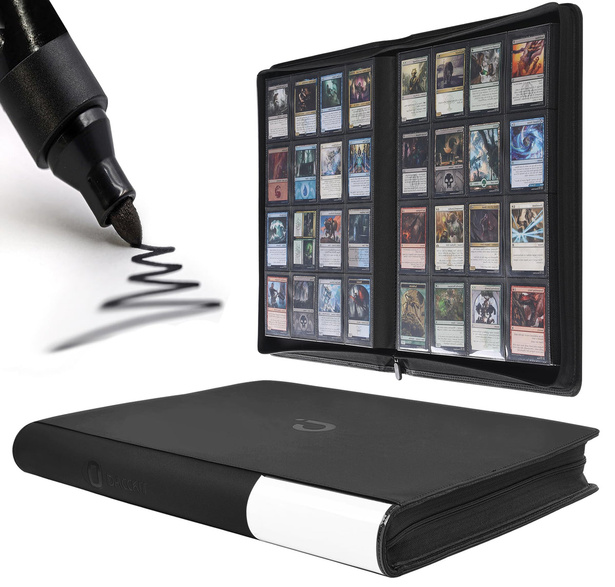 D DACCKIT Premium Card Binder front view with 16-pocket layout for easy organization
