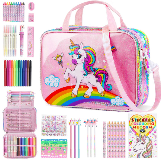 D-FantiX unicorn art supplies bag with 63 pieces for on-the-go creativity.