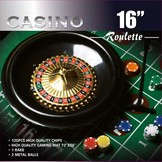 DA VINCI 16-Inch roulette wheel with chips on full-size felt layout for home casino fun.