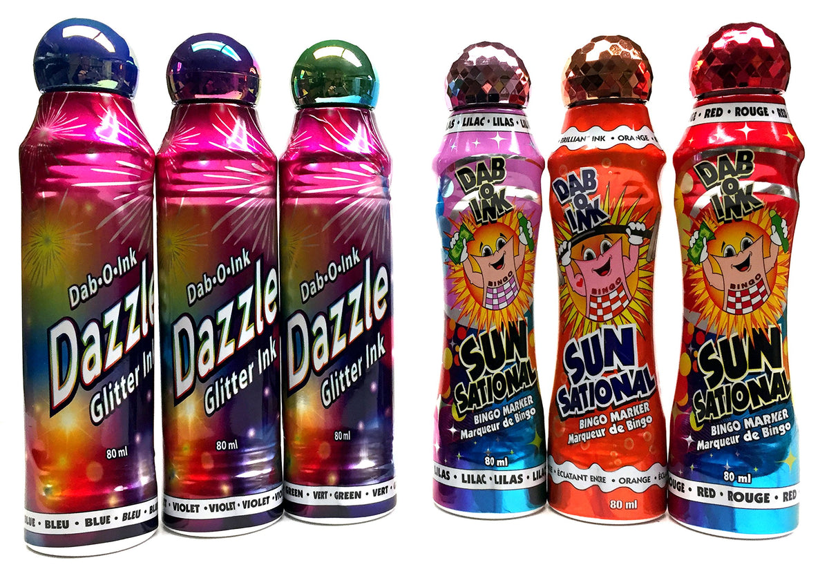 Dab-O-Ink Bingo Dauber Set with mixed glitter and Sunsational ink for vibrant game calls