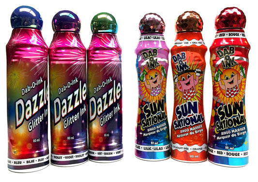Dab-O-Ink Bingo Dauber Set with mixed glitter and Sunsational ink for vibrant game calls