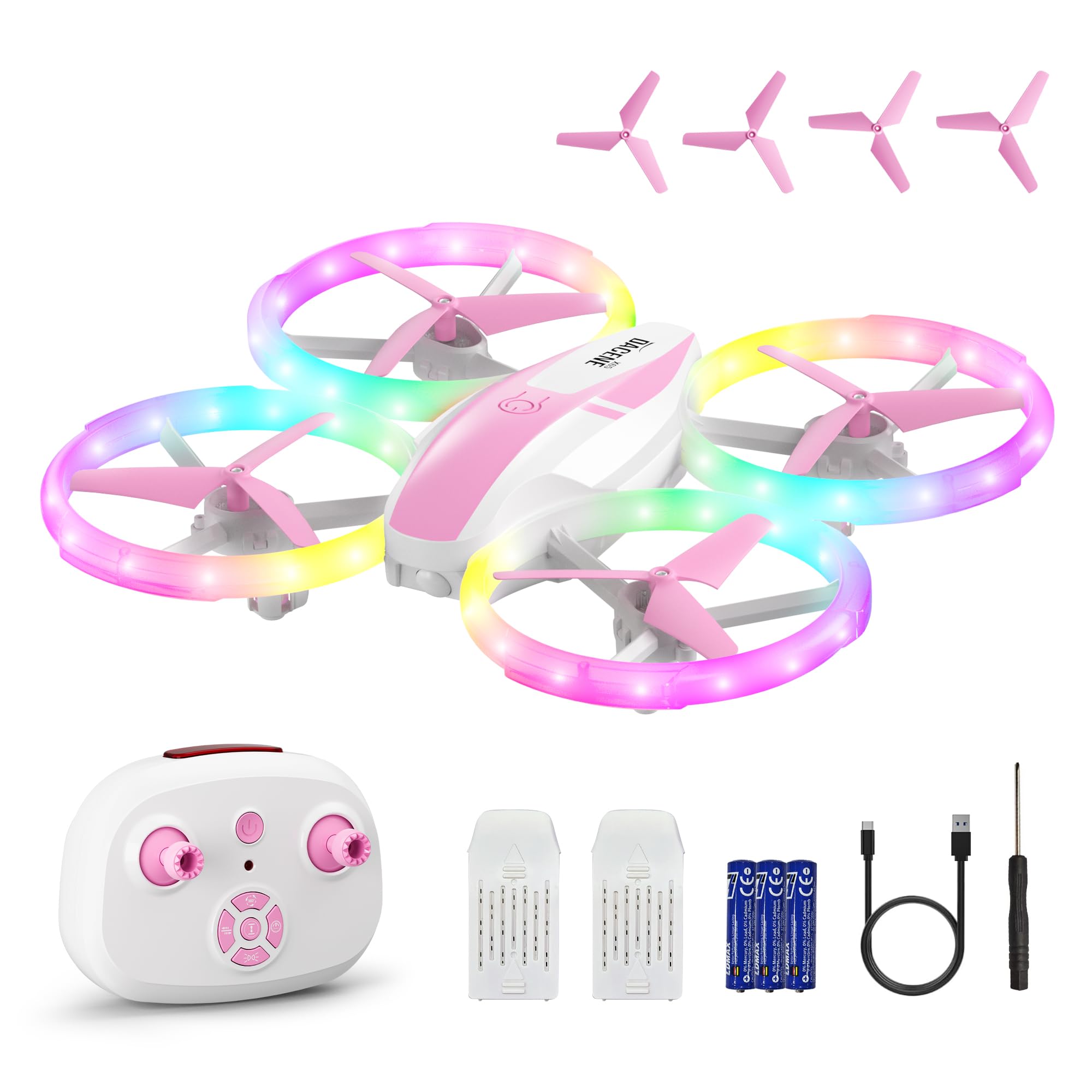 Dacene mini drone with pink LED lights glows during indoor play.
