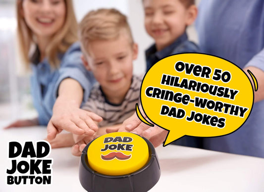 A hand pressing the Dad Joke Button to trigger a clean joke.