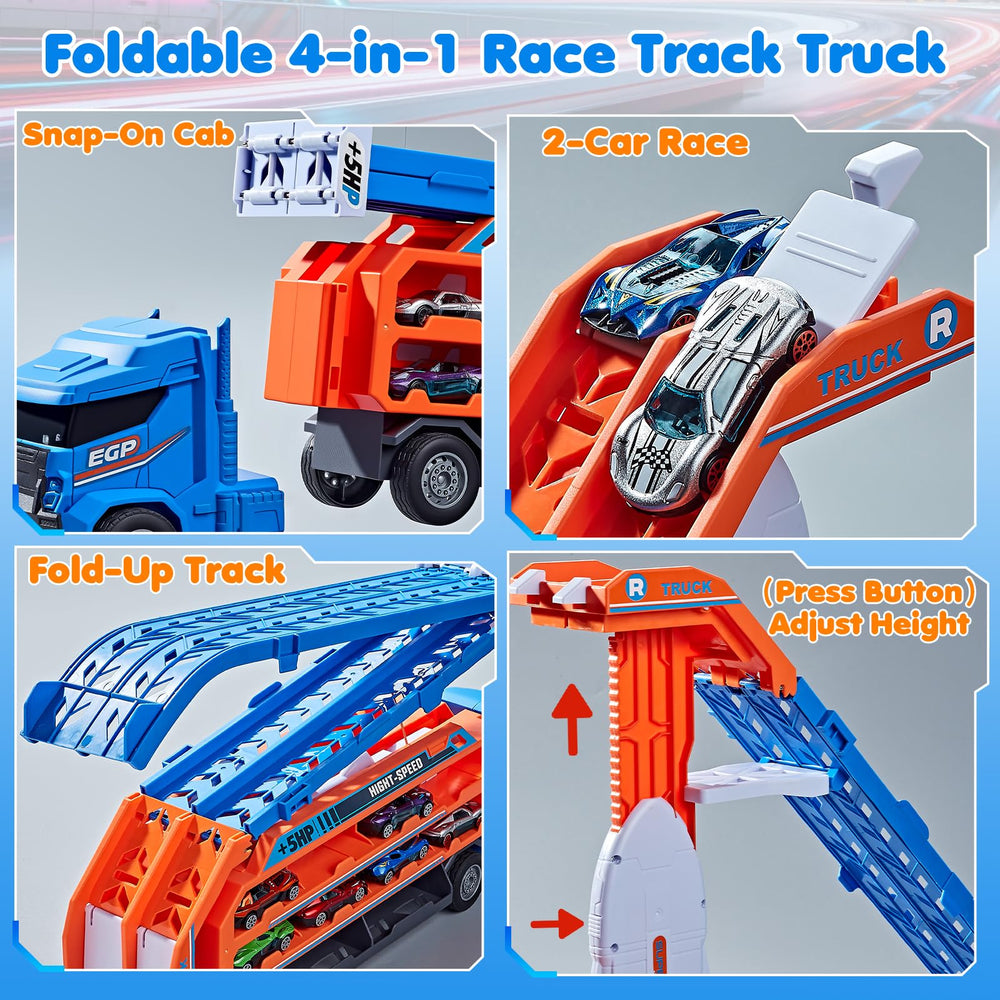 DADAPALS Blue truck with dual race tracks demonstrates dual-lane downhill racing.