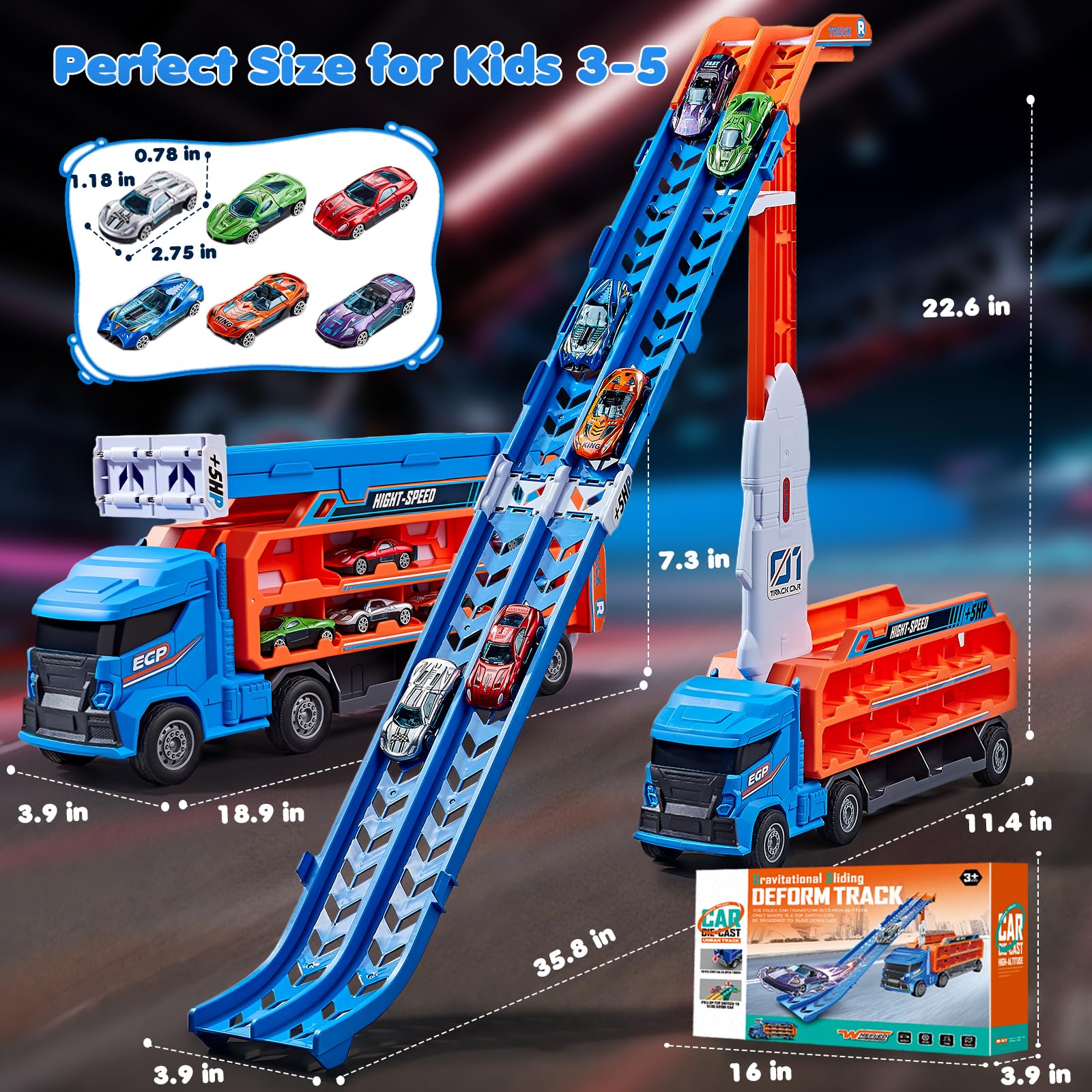 DADAPALS Transport Truck side view with six die-cast cars emphasizes organization.