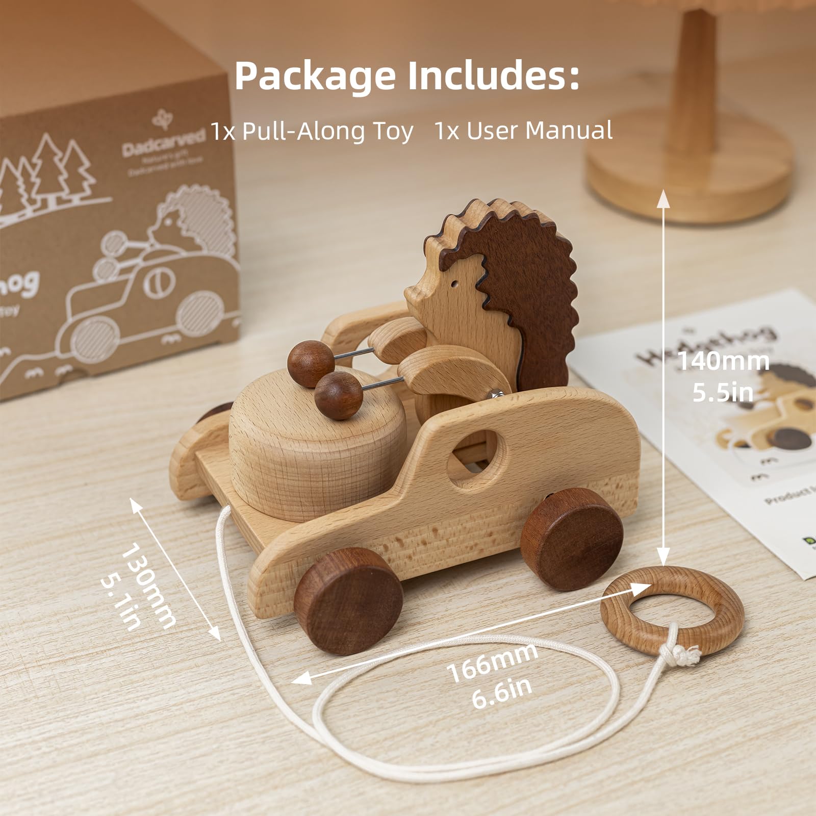 DadCarved Hedgehog pull-along toy uses BPA-free, non-toxic finishes for peace of mind.