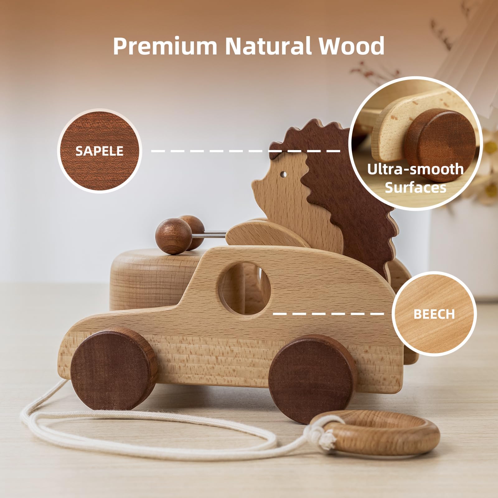 DadCarved Hedgehog pull-along toy uses sapele and beech wood for durable, safe play.