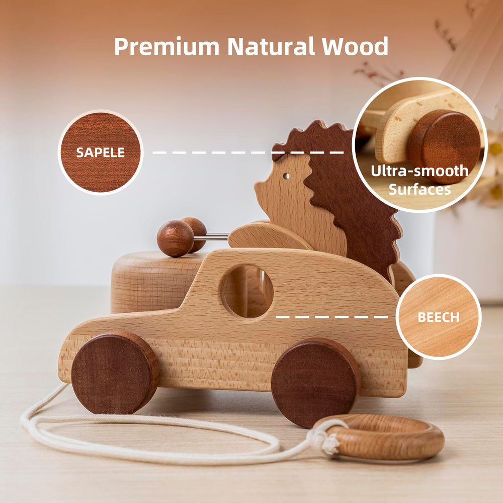 DadCarved Hedgehog pull-along toy uses sapele and beech wood for durable, safe play.