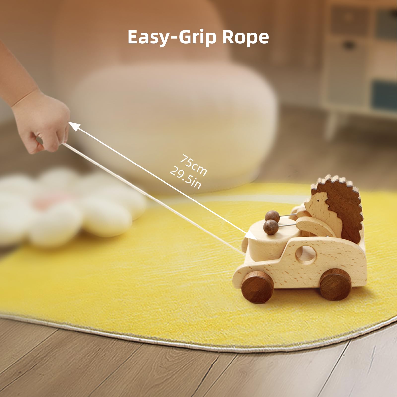 DadCarved Hedgehog pull-along toy includes soft cotton rope for easy grip during walks.