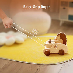 DadCarved Hedgehog pull-along toy includes soft cotton rope for easy grip during walks.