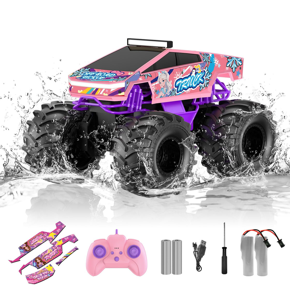 Dafotil 1:18 pink amphibious RC monster truck, front view for all-terrain play