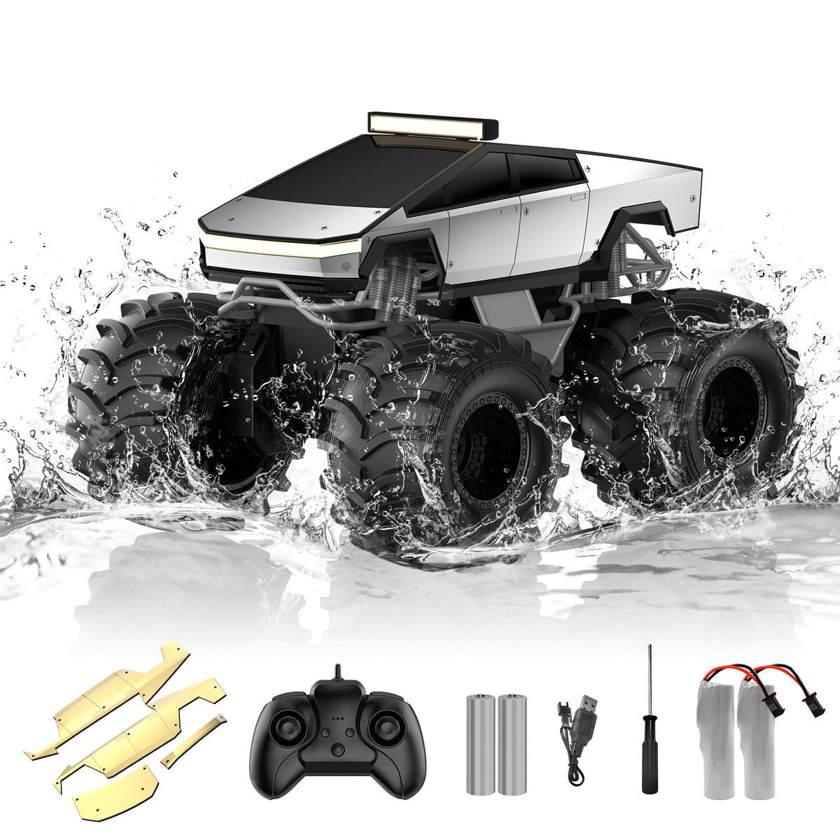 Dafotil Amphibious RC Monster Truck front view with LED lights for outdoor visibility.