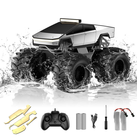 Dafotil Amphibious RC Monster Truck front view with LED lights for outdoor visibility.