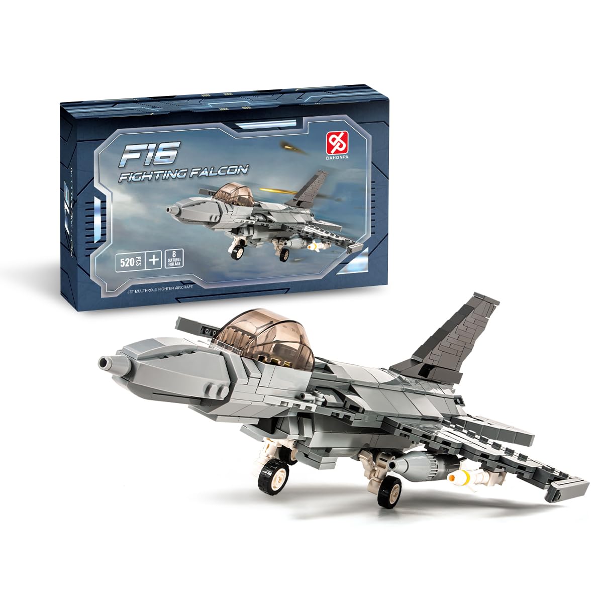 DAHONPA F-16 Fighting Falcon assembly set with detailed airplane model pieces for imaginative play.