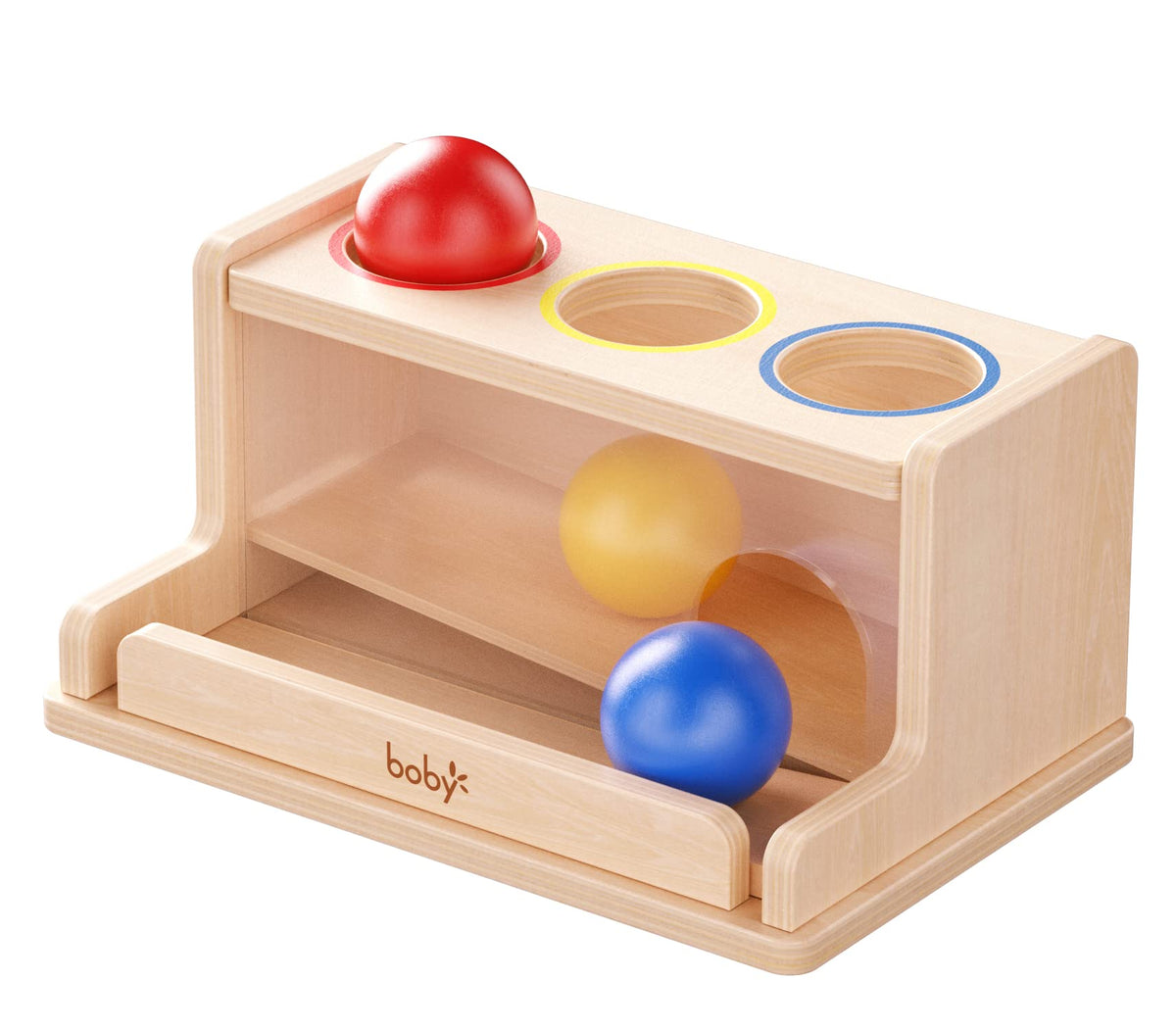 Dailyfunn object permanence box with acrylic front showing ball in motion