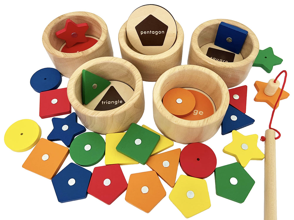 Dailyfunn Montessori wooden sorting cups and discs for color and shape matching.