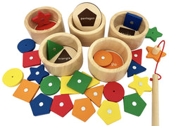 Dailyfunn Montessori wooden sorting cups and discs for color and shape matching.