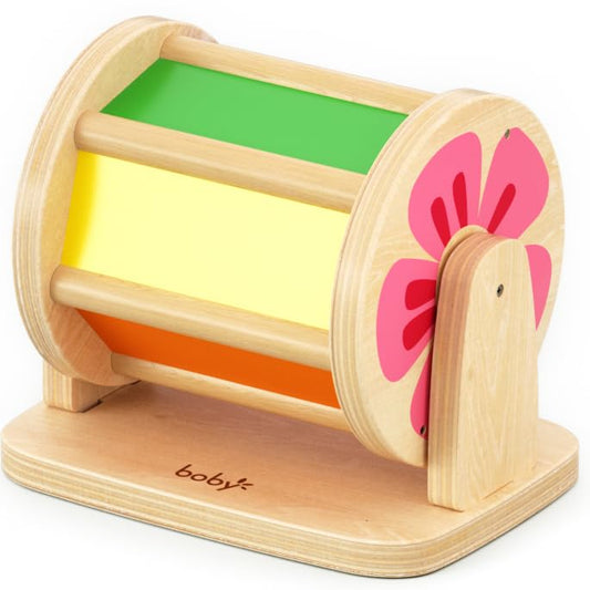 Dailyfunn wooden spinning drum tummy time engages babies with color and gentle bells.